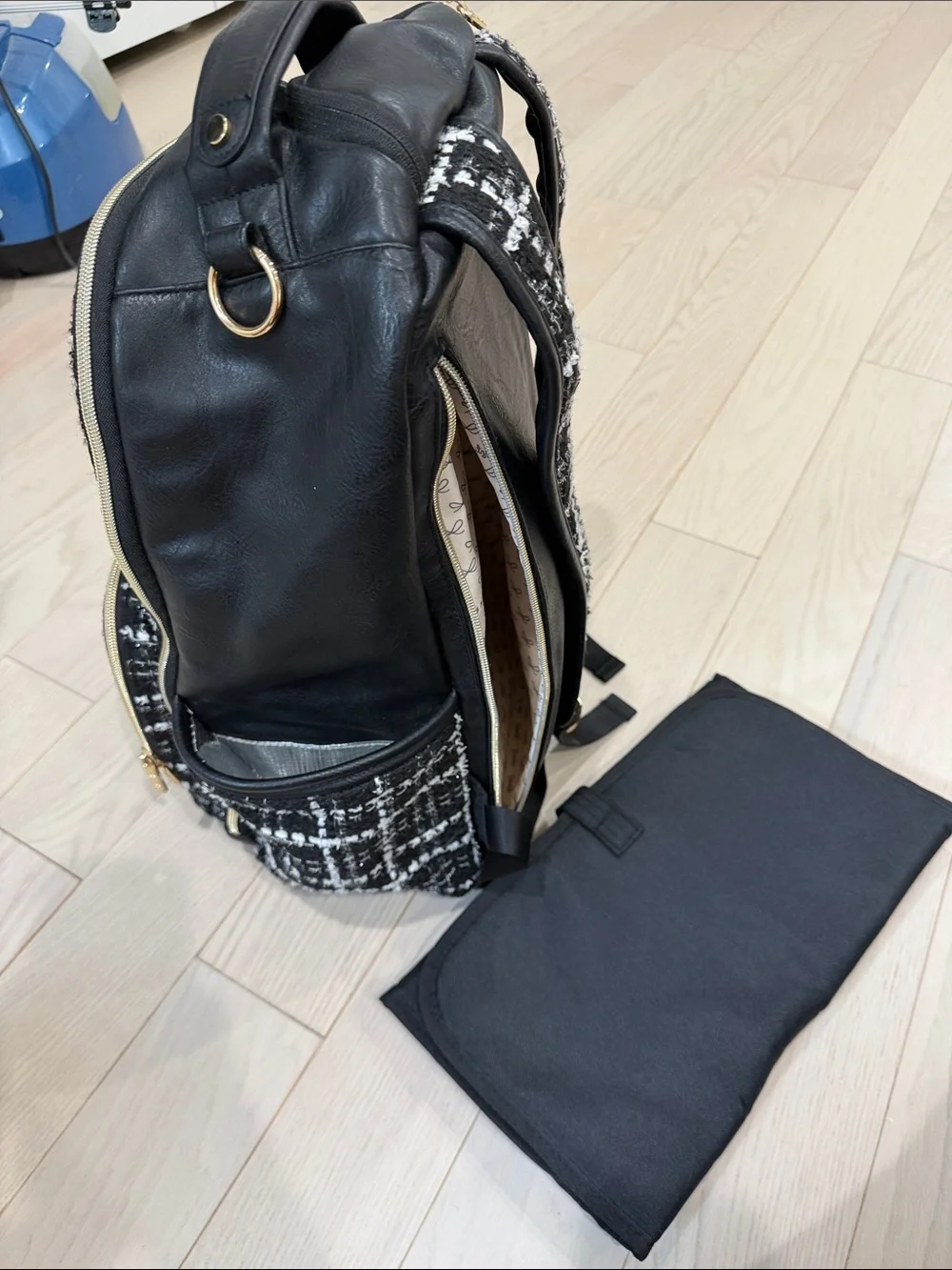 Itzy Ritzy Black & White Tweed Diaper Backpack with Gold Hardware